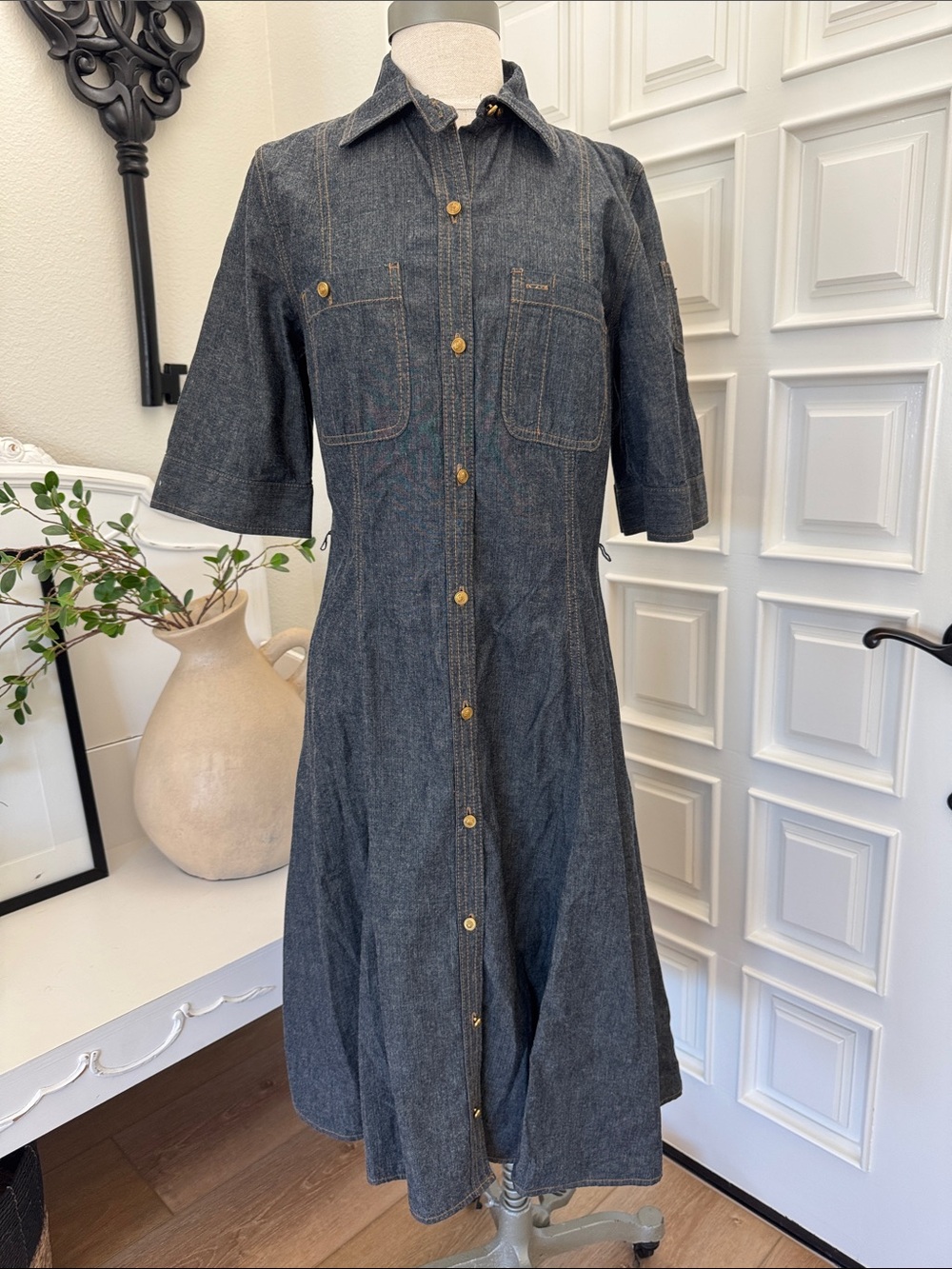 Ralph Lauren Dark Blue Button-Front Denim Midi Dress